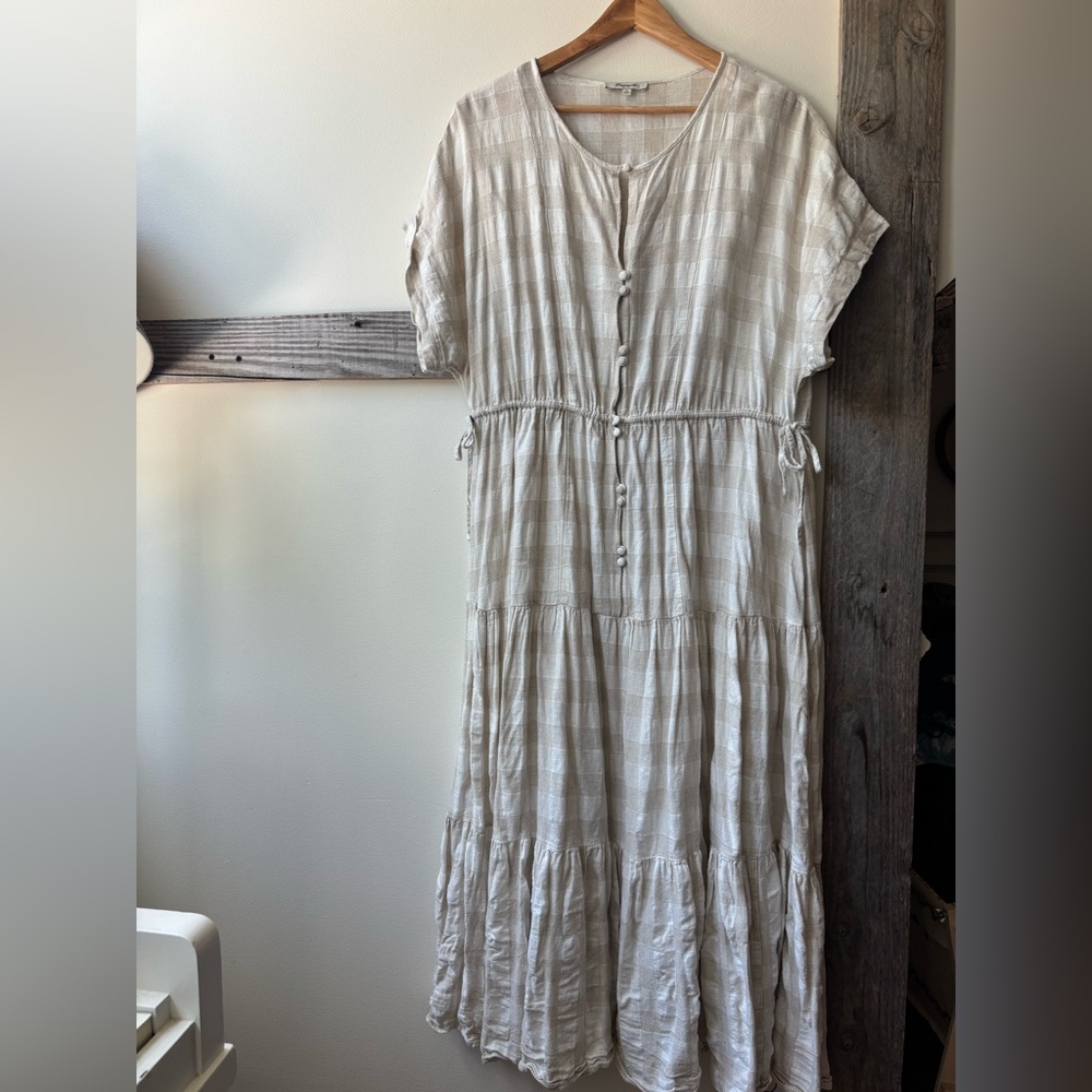 MADEWELL tan and cream check tiered midi dress with side ties